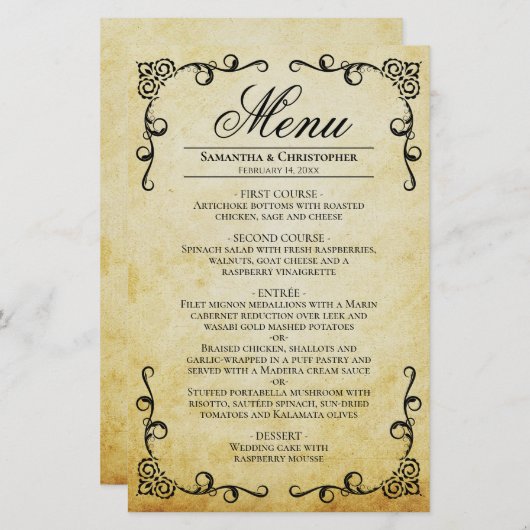 ヴィンテージパーチメント&スクロール予算結婚のメニュー (正面/裏面)