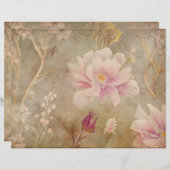 ヴィンテージパーチメント&ピンクフローラスクラップブック紙 (正面/裏面)