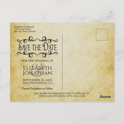 ヴィンテージパーチ華美メント結婚式の日付の保存 ポストカード (裏面)