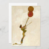 ヴィンテージパーティーで赤い風船を持った少年 招待状 (正面/裏面)