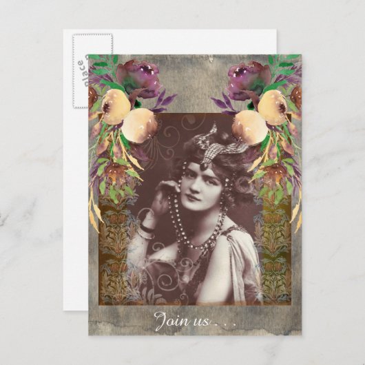 ヴィンテージパーティーガールビクトリアンオンタペストリーハガキ インビテーションポストカード (正面/裏面)