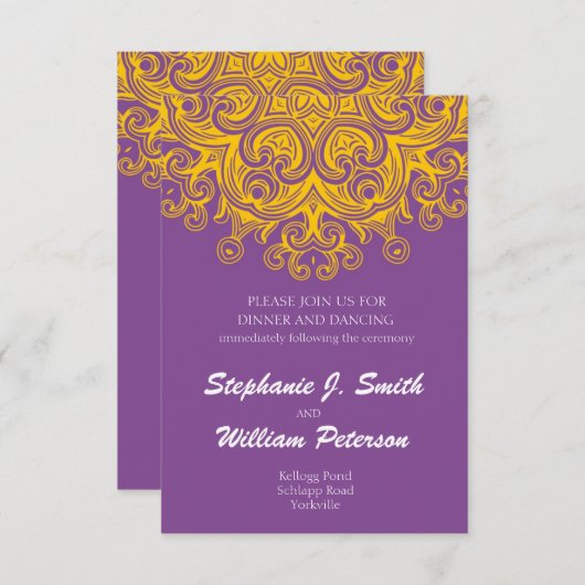ヴィンテージパープルとイエローの結婚披露宴カード 招待状 (正面/裏面)