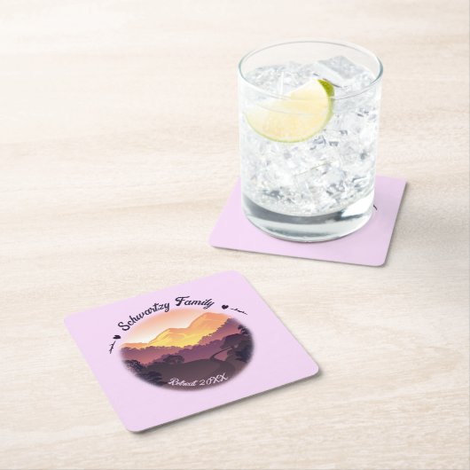 ヴィンテージパープルイエローファームハウスマウンテンサンセット スクエアペーパーコースター (インサイチュ)