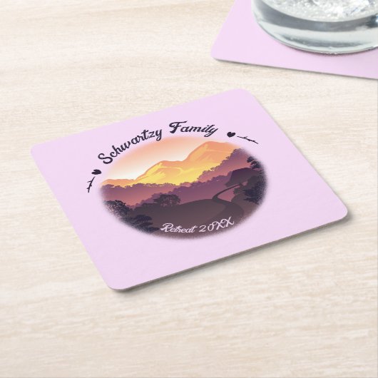 ヴィンテージパープルイエローファームハウスマウンテンサンセット スクエアペーパーコースター (アングル)