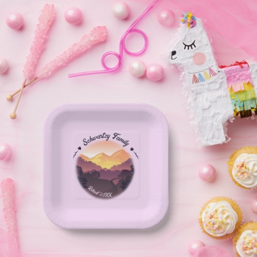 ヴィンテージパープルイエローファームハウスマウンテンサンセット ペーパープレート (パーティー)