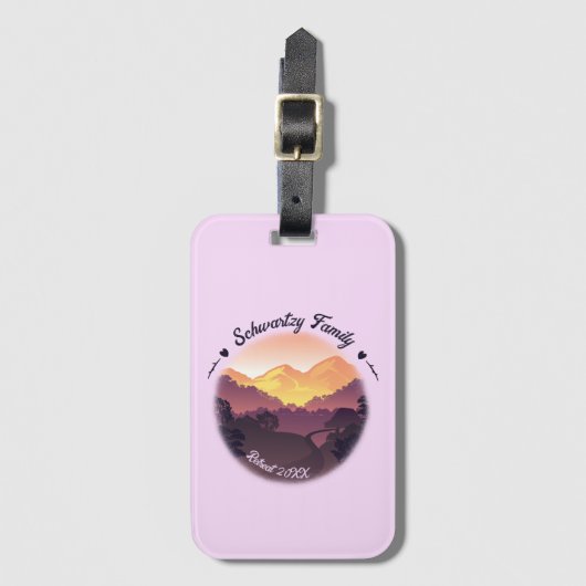 ヴィンテージパープルイエローファームハウスマウンテンサンセット ラゲッジタグ (正面縦)