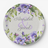 ヴィンテージパープルウォーターカラーパンジー結婚ズ ペーパープレート (正面)