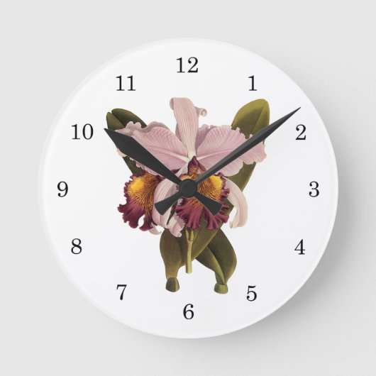 ヴィンテージパープルカトレヤオーキッドトロピカルフラワーズ ラウンド壁時計 (正面)