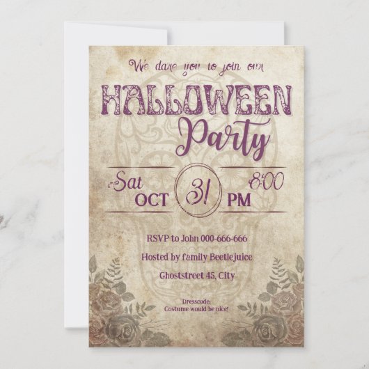 ヴィンテージパープルキャンディスカル大人ハローウィンパーティ 招待状 (正面)