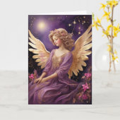 ヴィンテージパープルクリスマスエンジェルカスタムメッセージ カード (黄色い花)