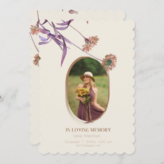 ヴィンテージパープルクリームフローラ写真葬儀プログラム 招待状 (正面/裏面)