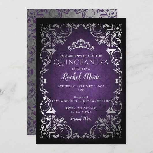 ヴィンテージパープルシルバープリンセスティアラキンセアニラ 招待状 (正面/裏面)