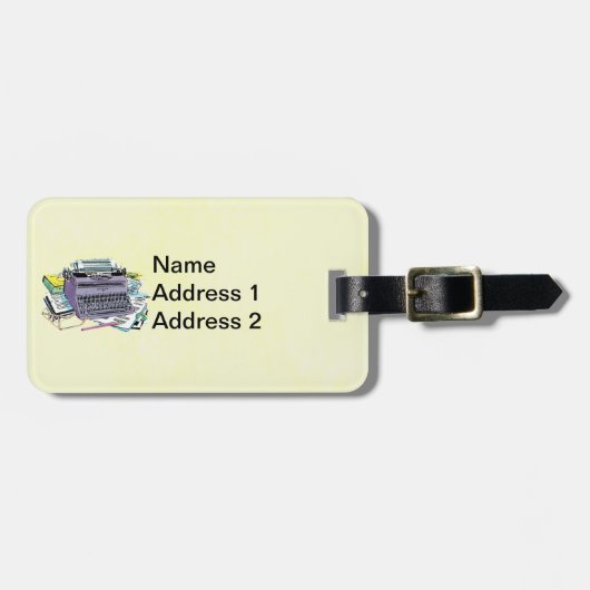 ヴィンテージパープルタイプライター紙鉛筆オン黄色 ラゲッジタグ (正面横)