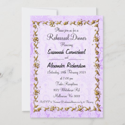 ヴィンテージパープルダマスウェディングリハーサル 招待状 (正面)