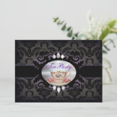 ヴィンテージパープルダマスクフローラティーカップティーパーティー 招待状 (スタンド正面)