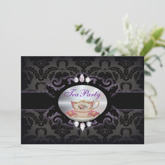 ヴィンテージパープルダマスクフローラティーカップティーパーティー 招待状 (スタンド正面)