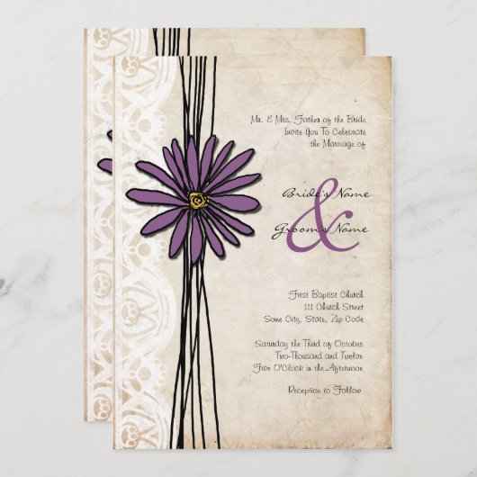 ヴィンテージパープルデイジー結婚式招待状 招待状 (正面/裏面)