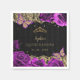 ヴィンテージパープルバラブラック金ゴールドレースキンセアニラ スタンダードカクテルナプキン