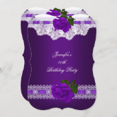 ヴィンテージパープルバラホワイトレースバースデーパーティー 招待状 (正面/裏面)