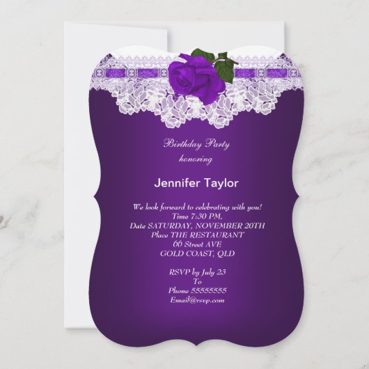 ヴィンテージパープルバラホワイトレースバースデーパーティー 招待状 (裏面)