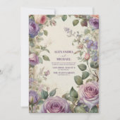 ヴィンテージパープルバラ結婚フローラ 招待状 (正面)