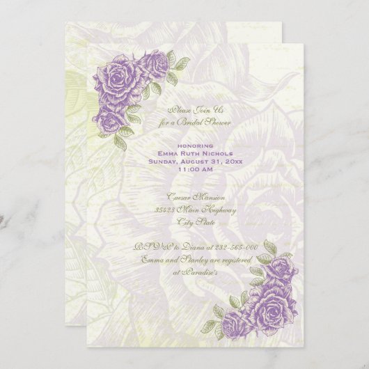ヴィンテージパープルバラ結婚ブライダルシャワー招待状 招待状 (正面/裏面)