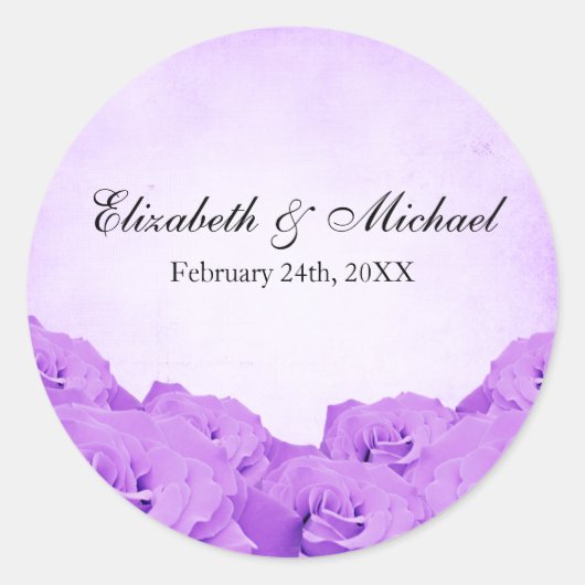 ヴィンテージパープルバラ結婚式の引き出物ラベル ラウンドシール (正面)