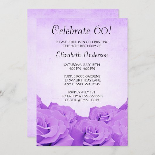 ヴィンテージパープルバラ60歳誕生日パーティー 招待状 (正面/裏面)