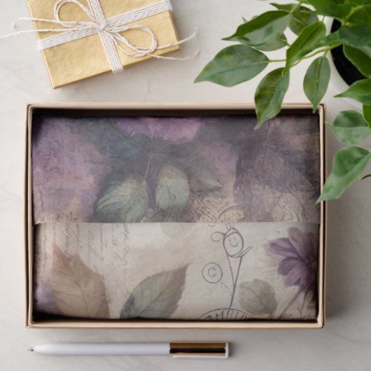 ヴィンテージパープルバラ&ボタニカルコラージデクページ 薄葉紙 (ギフト)