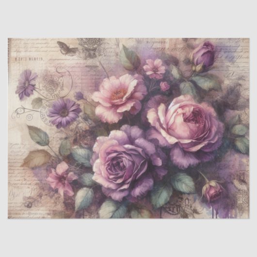 ヴィンテージパープルバラ&ボタニカルコラージデクページ 薄葉紙 (正面)