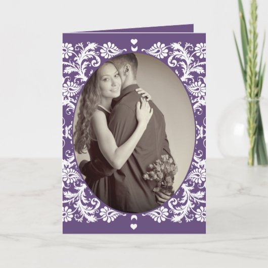 ヴィンテージパープルビクトリアンフローラダマスク結婚式 招待状 (正面)