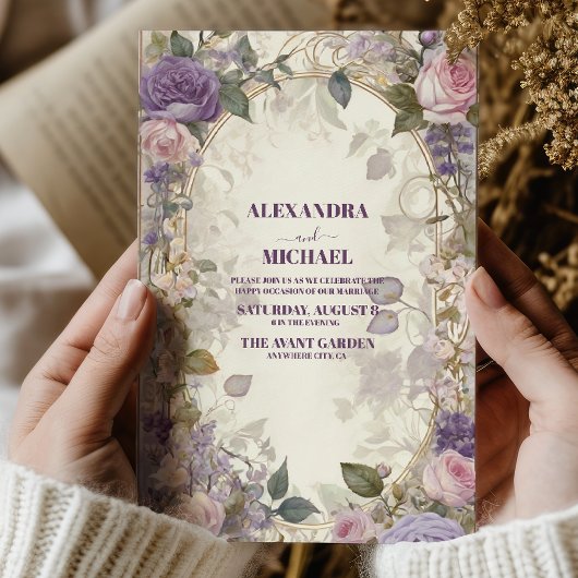 ヴィンテージパープルピンクローズフローラ結婚ズ 招待状