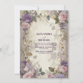 ヴィンテージパープルピンクローズフローラ結婚ズ 招待状 (正面)