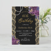 ヴィンテージパープルフローラアンティーク金ゴールドレース誕生日I 招待状 (スタンド正面)