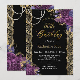 ヴィンテージパープルフローラアンティーク金ゴールドレース誕生日I 招待状