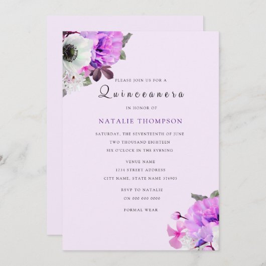 ヴィンテージパープルフローラキンセアニェラ招待状 招待状 (正面/裏面)