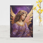ヴィンテージパープルフローラクリスマスエンジェル カード (黄色い花)