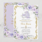 ヴィンテージパープルフローラティーパーティーブライダルシャワー 招待状 (正面/裏面)