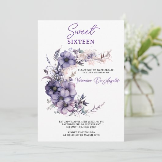 ヴィンテージパープルフローラハーフサークルリース誕生日 招待状 (スタンド正面)