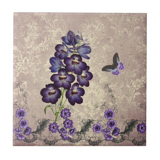 ヴィンテージパープルフローラバタフライ タイル (正面)