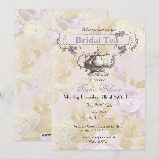ヴィンテージパープルフローラブライダルティーパーティー招待状 招待状 (正面/裏面)