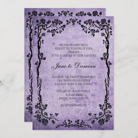 ヴィンテージパープルフローラ結婚式招待状 招待状 (正面/裏面)