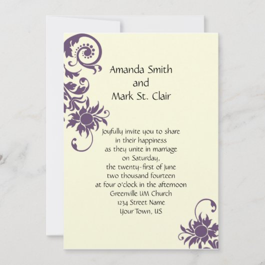 ヴィンテージパープルフローラ要素結婚式招待状 招待状 (正面)