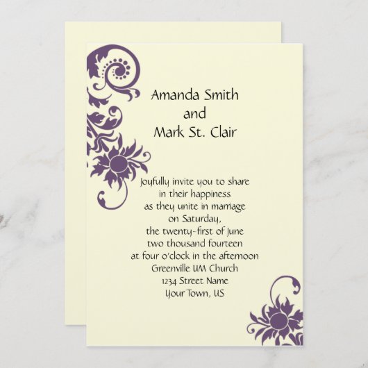 ヴィンテージパープルフローラ要素結婚式招待状 招待状 (正面/裏面)