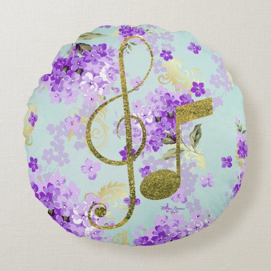 ヴィンテージパープルフローラ金ゴールドグリッター音楽 ラウンドクッション (正面)