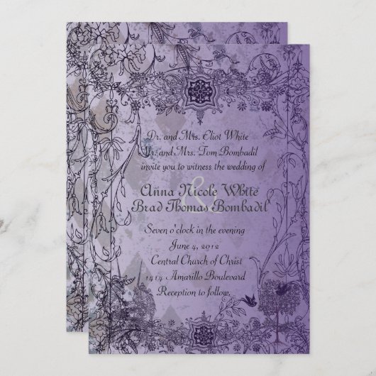 ヴィンテージパープルユニコーン結婚式招待状 招待状 (正面/裏面)