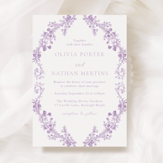 ヴィンテージパープルラベンダーフローラリース結婚ズ 招待状