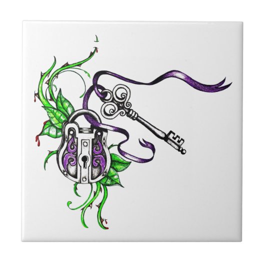 ヴィンテージパープルロックおよび鍵デザイン タイル (正面)