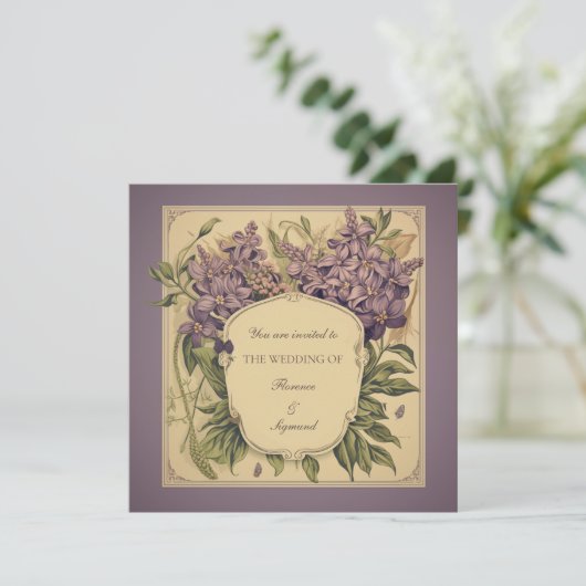 ヴィンテージパープルヴァイオレットフローラ結婚式招待状 招待状 (スタンド正面)