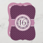 ヴィンテージパープル水玉模様、花、レーススイート16 招待状 (正面/裏面)